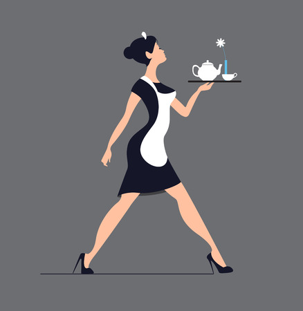 Waitress silhouette on a blue background. Slender girl carrying.のイラスト素材