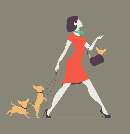 Vector silhouette of woman with dog. Young woman walking dogs. Fashionista with dogs.のイラスト素材