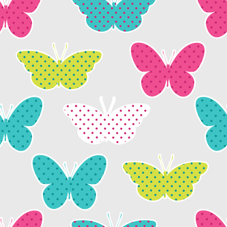 Seamless pattern with colorful butterflies silhouettes on yellow background. Butterflies in polka dotsの写真素材