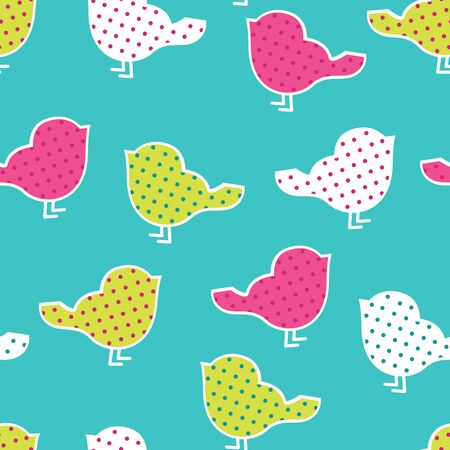 Seamless pattern with colorful birds silhouettes on yellow background. Birds in polka dotsのイラスト素材