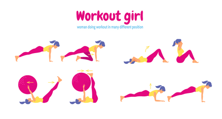 Workout for women. Set of gym icons in flat style on yellow backgroundのイラスト素材