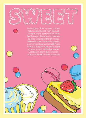 Flyer on the theme of food and sweets on pink backgroundのイラスト素材