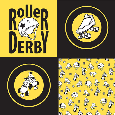 Set of drawings and seamless patterns on the theme of roller derのイラスト素材