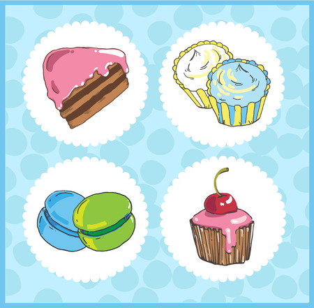 Set of icons of sweets with cake, cupcake, macaroons on blue bacのイラスト素材