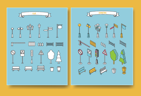 City and outdoor elements in flat and isometric styleのイラスト素材