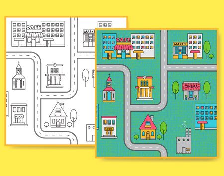 Map of city with different buildings, road and trees. Seamless pattern in black and white and color.のイラスト素材
