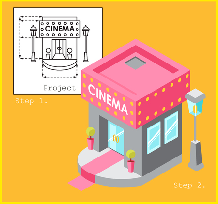 Cinema development construction design and planning concept. Drawing of the building in flat style and visualization of the building in isometric style.のイラスト素材