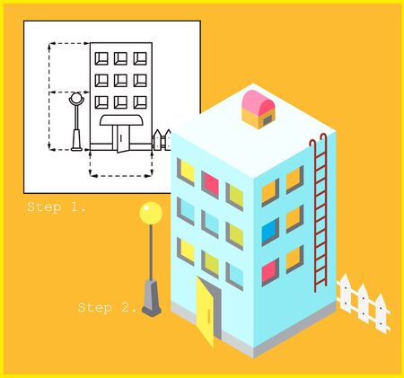 Project of multi-family house in linear style and model of apartment building in color and isometric style.のイラスト素材