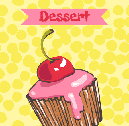 Cupcake with cherry and pink frosting on yellow backgroundのイラスト素材