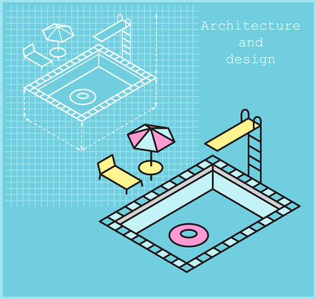 Swimming pool with chaise longue and umbrellaのイラスト素材