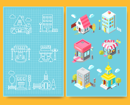 Set of isometric buildings with street elements and green spaces and Blueprint.のイラスト素材