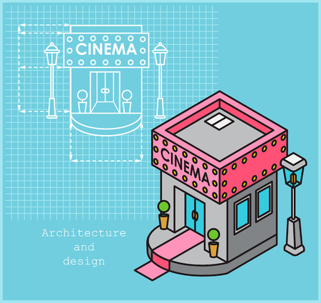 Cinema development construction design and planning concept. Drawing of the building in flat style and visualization of the building in isometric styleのイラスト素材