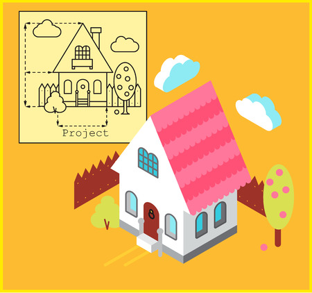 Cottage development construction design and planning concept. Drawing of the building in flat style and visualization of the building in isometric styleのイラスト素材