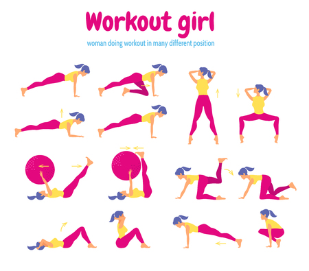 Set of female silhouettes in gym. Woman showing different gymnastic exercisesのイラスト素材