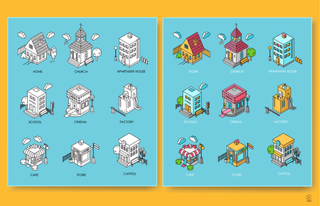Set of isometric buildings with trees, fence, lanterns and cloudのイラスト素材