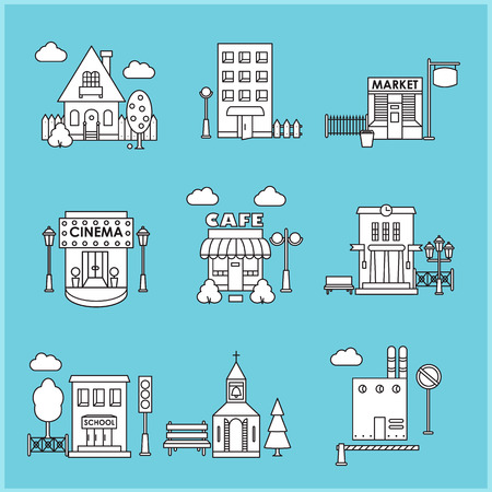 Set of city buildings in  linear black and white styleのイラスト素材