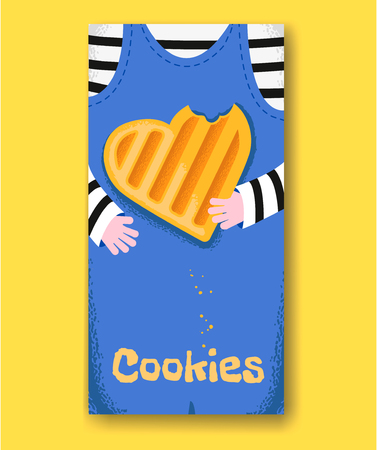 Baby hands hold bitten heart shape cookie.のイラスト素材