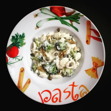 Pasta with broccoli in cheese sauceの写真素材