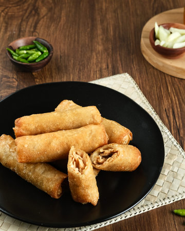 Lumpia or lunpia, a traditional snack from Semarang, Central Java, Indonesia. Traditional Spring...