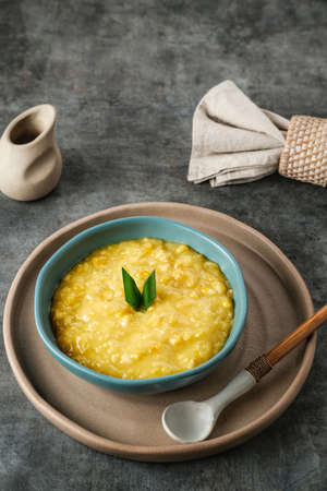 Bubur jagung manis, or sweet corn porridge, an indonesian menu for ifthar, also a sweet snack or dessert made from sweet corn, milk, coconut milk, and rice flour.の写真素材