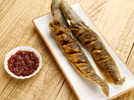 Lele Goreng, Fried Catfish is Indonesian traditional culinary food. served on white plate with chilli tomato paste (sambal), famous for its pecel lele lamongan menu.の写真素材