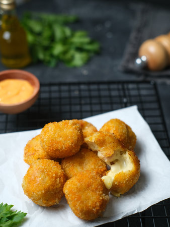 Delicious homemade bitterballen made from flour, cheese, milk coated with bread crumb filled with mozzarella.の写真素材