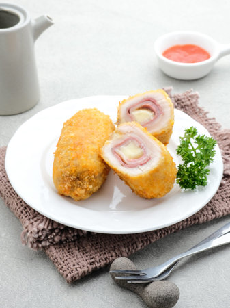 Crispy Cordon Blue, Chicken fillet roll with ham and cheese. Served in white plate on grey...