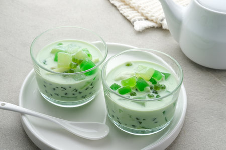 Buko Pandan, a dessert from Philippines, made from jelly, young coconut, evaporated milk, sweetened condensed milk, and ice. Served on glass. Selective focus.の写真素材