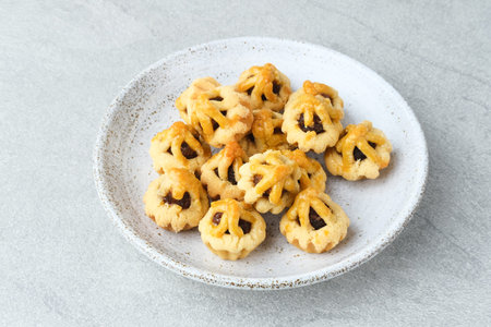 Nastar, Nastar Cookies with pineapple jam inside. Familiar during the month of Ramadan and Eid Fitri. Selective focus image, blurred background, copy space.の写真素材