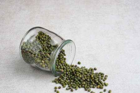 Group of green mung beans served in jar. Copy space, selective focus image.の写真素材