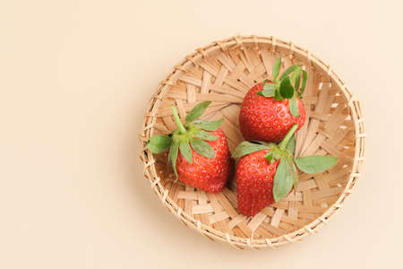Strawberry, Fresh juicy strawberries with leaves. Close up and selective focus.の写真素材