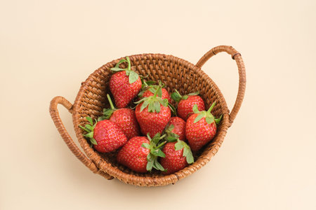 Strawberry, Fresh juicy strawberries with leaves. Close up and selective focus.の写真素材
