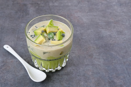 Avocado Milk Cheese Dessert is made from avocado, jelly, cheese, basil seeds, sweetened condensed...