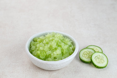 Organic cucumber pulp juice, squeezed from a slow juicer, can be used as a face mask, zero waste. Selected focus.の写真素材
