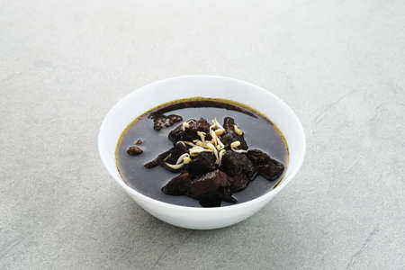 Rawon, Indonesian Traditional beef black soup. Served on a bowl with mung bean sprouts, chilli paste and salted eggの写真素材