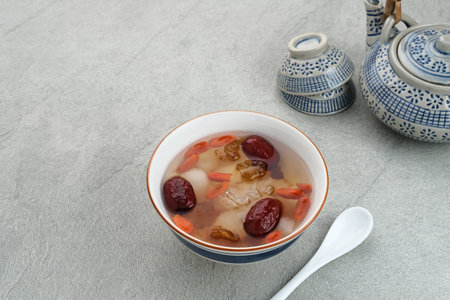 Peach Gum, Chinese traditional drink that contains peach gum, bird nest, red dates, snow fungus,...