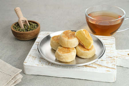 Bakpia, Bakpia Pathok is a typical Yogyakarta food made from a mixture of green beans, cheese and sugar, which is wrapped in flour, then baked.の写真素材