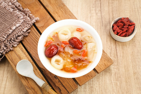 Peach Gum, Chinese traditional drink that contains peach gum, bird nest, red dates, snow fungus, goji berry, and rock sugar.の写真素材