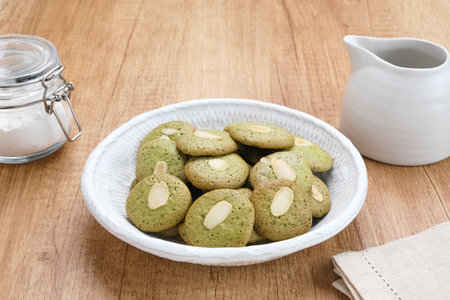 Matcha cookies with grated cheese topping, gluten freeの写真素材