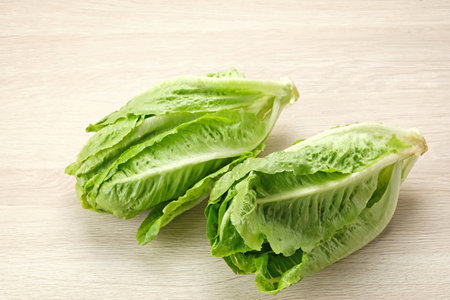 Fresh green romaine lettuce on a wooden backgroundの写真素材