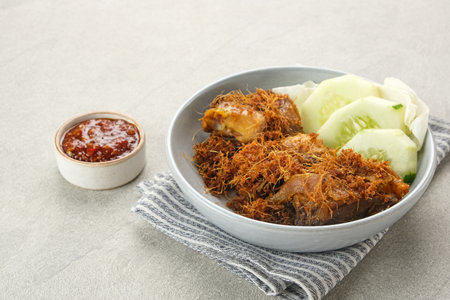 Ayam Goreng Lengkuas, fried chicken cooked with spices and sprinkled with grated galangal. Indonesian traditional food.の写真素材