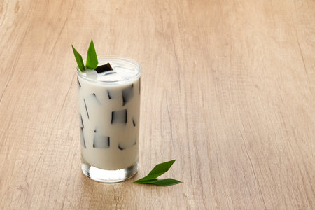 Es Cincau or Grass jelly with almond milk in glass, Indonesian drinkの写真素材