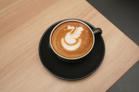 A cup of hot latte coffee on the table for breakfastの写真素材