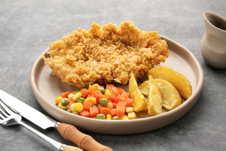 Crispy Chicken Steak with french fries and vegetables.の写真素材