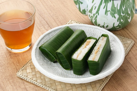 Lemper Ayam, Indonesian snack made of glutinous rice filled with seasoned shredded chicken or beef flossの写真素材