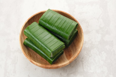 Lemper Ayam, Indonesian snack made of glutinous rice filled with seasoned shredded chicken or beef flossの写真素材