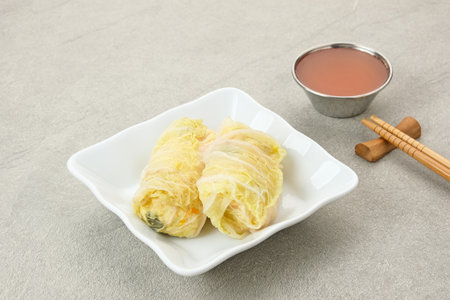 Rolled Chinese cabbage (Sawi Gulung Tahu) with tofu and chilli sauceの写真素材