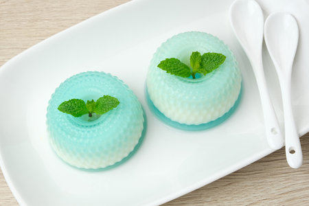 Silky sweet lychee pudding topped with mint leaves.の写真素材