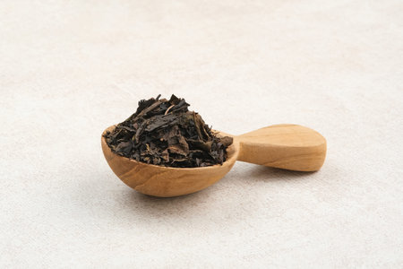 Dried tea leaves on wooden spoon, copy space