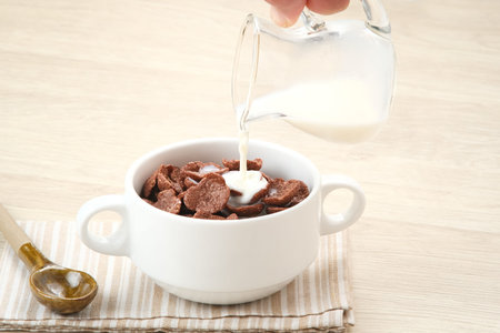 Bowl of cereal chocolate flavor, sweet crunchy